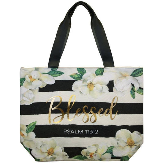 CHB07 White Magnolias Blessed (Psalm 113:2) Canvas Handbag