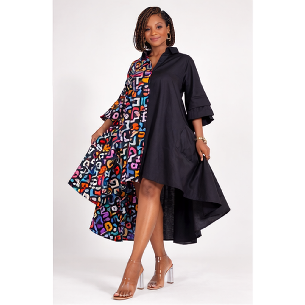 Cotton Fit n Flare, High Low, Swing Dress - black