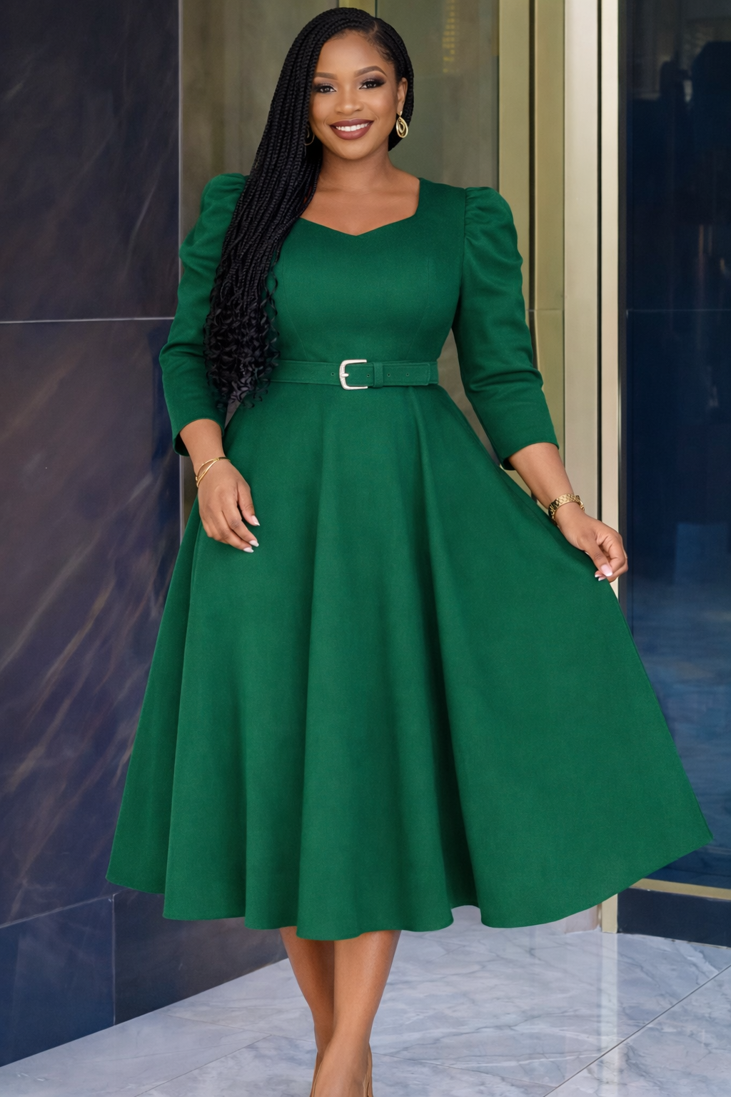 A Line Dress w/Pleat Sleeve and Belt