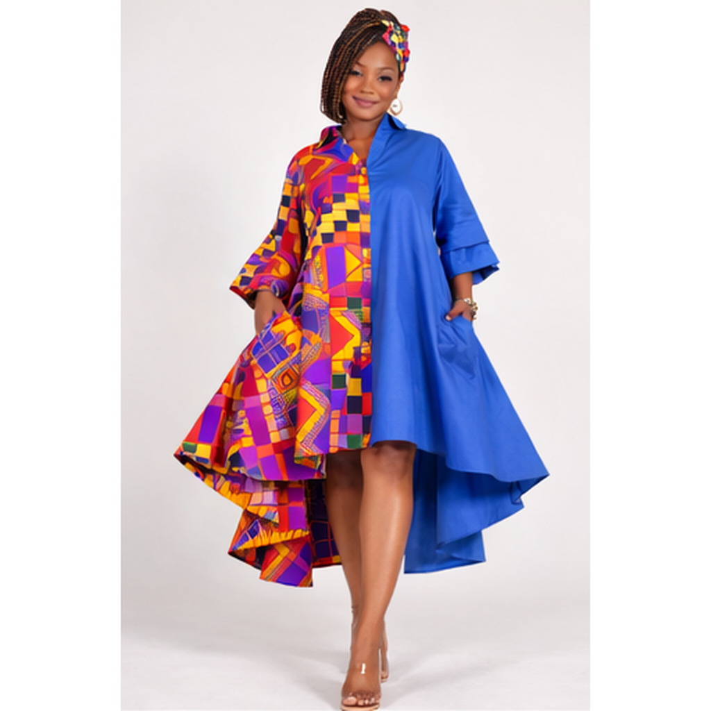 Cotton Fit n Flare, High Low, Swing Dress - blue