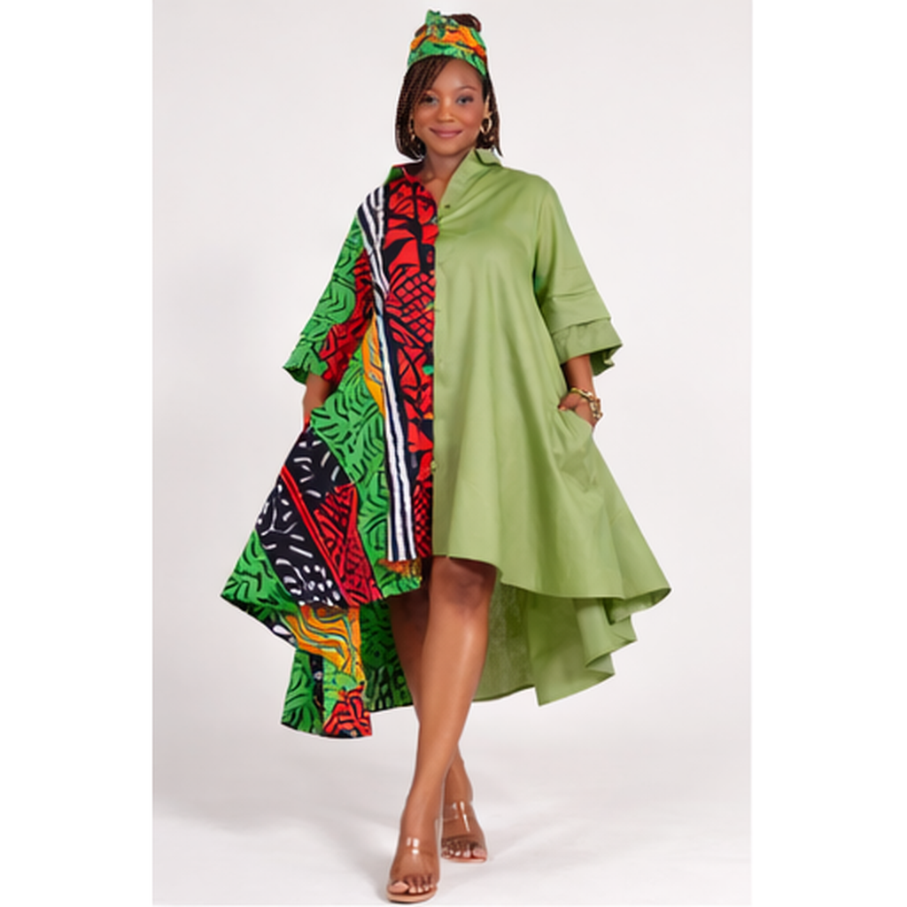 Cotton Fit n Flare, High Low, Swing Dress - green