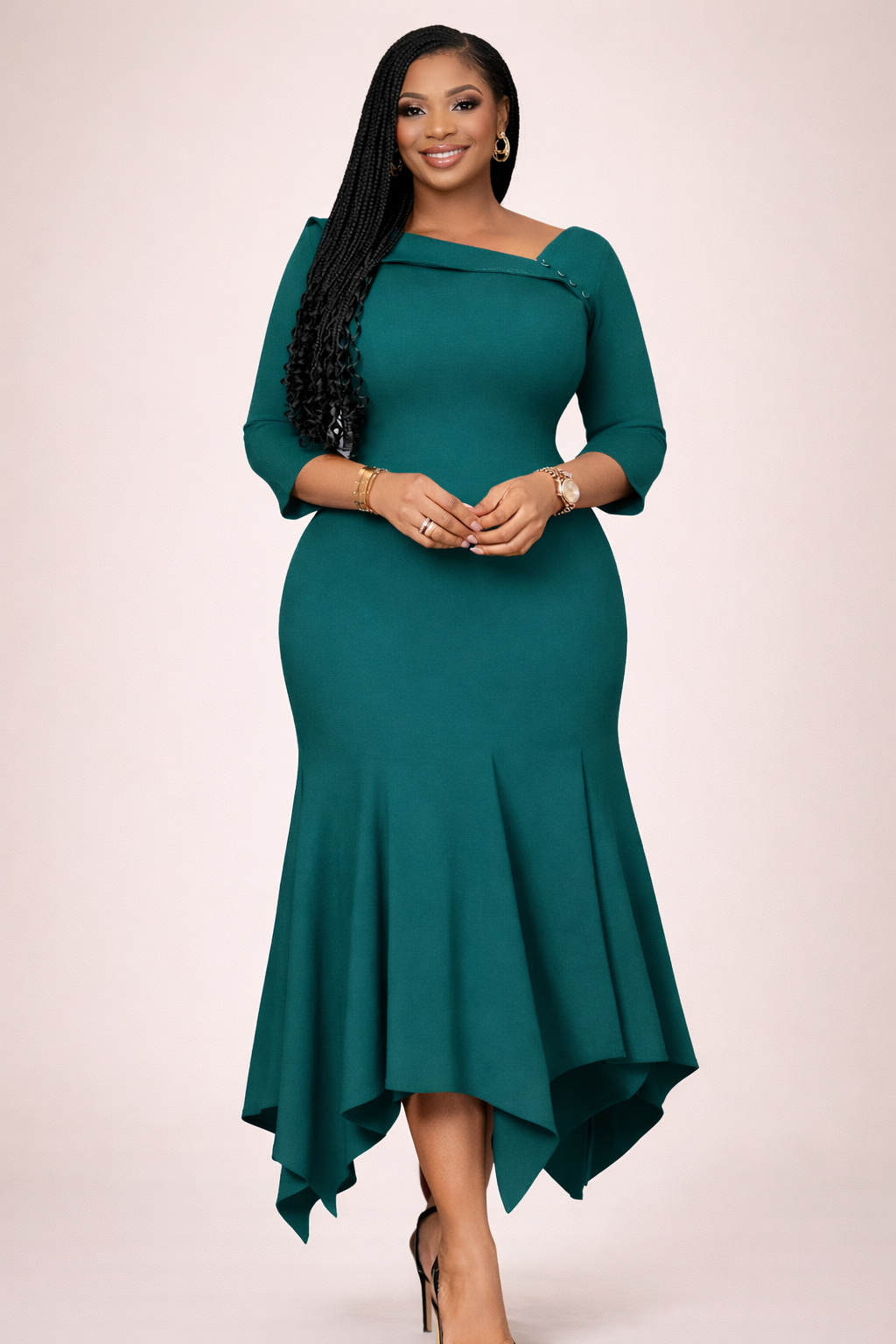 Flipped Neckline Body-con Dress w/button feature
