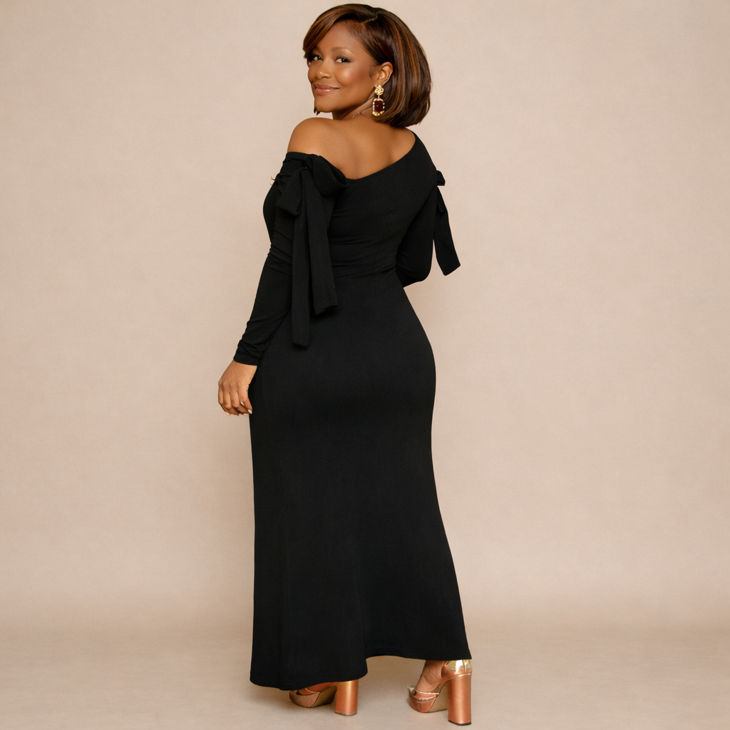 Off Shoulder, Bow Sleeve, Slip Black Dress
