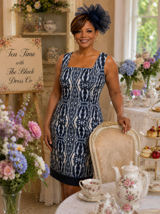 Stretch Cotton Sheath Dress w/satin navy border