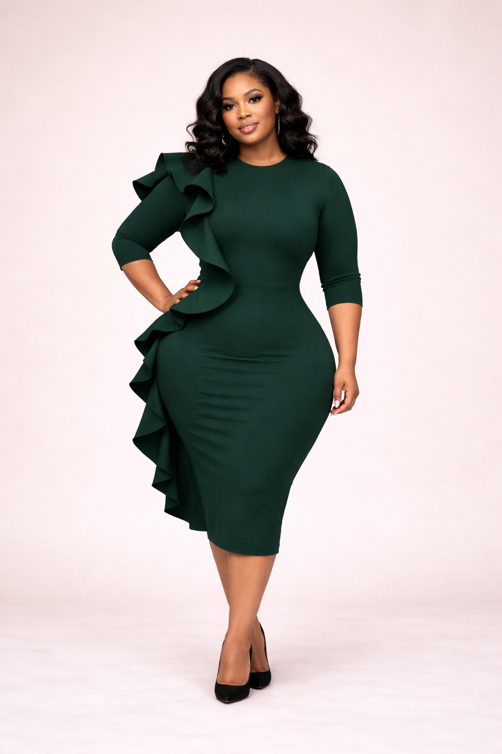 Ruffle Hem Midi Dress w/3/4 sleeves