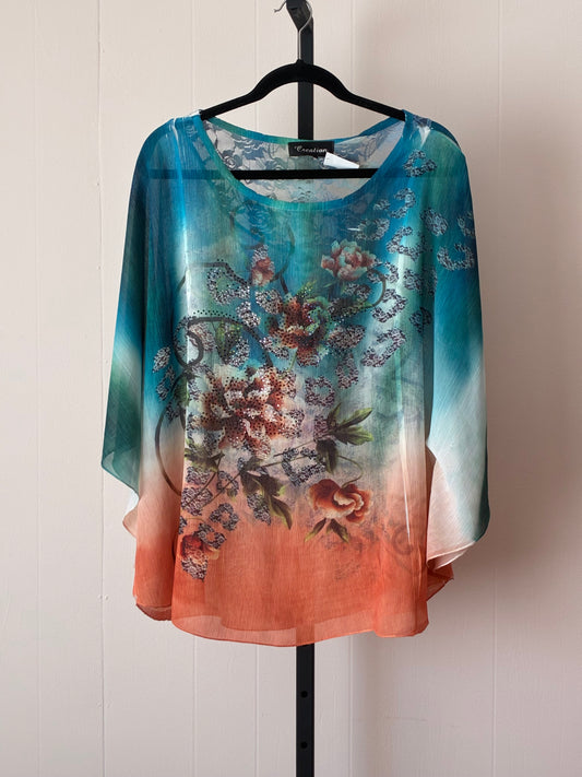 BF2, Cavalini Teal & Coral Floral Chiffon Blouse