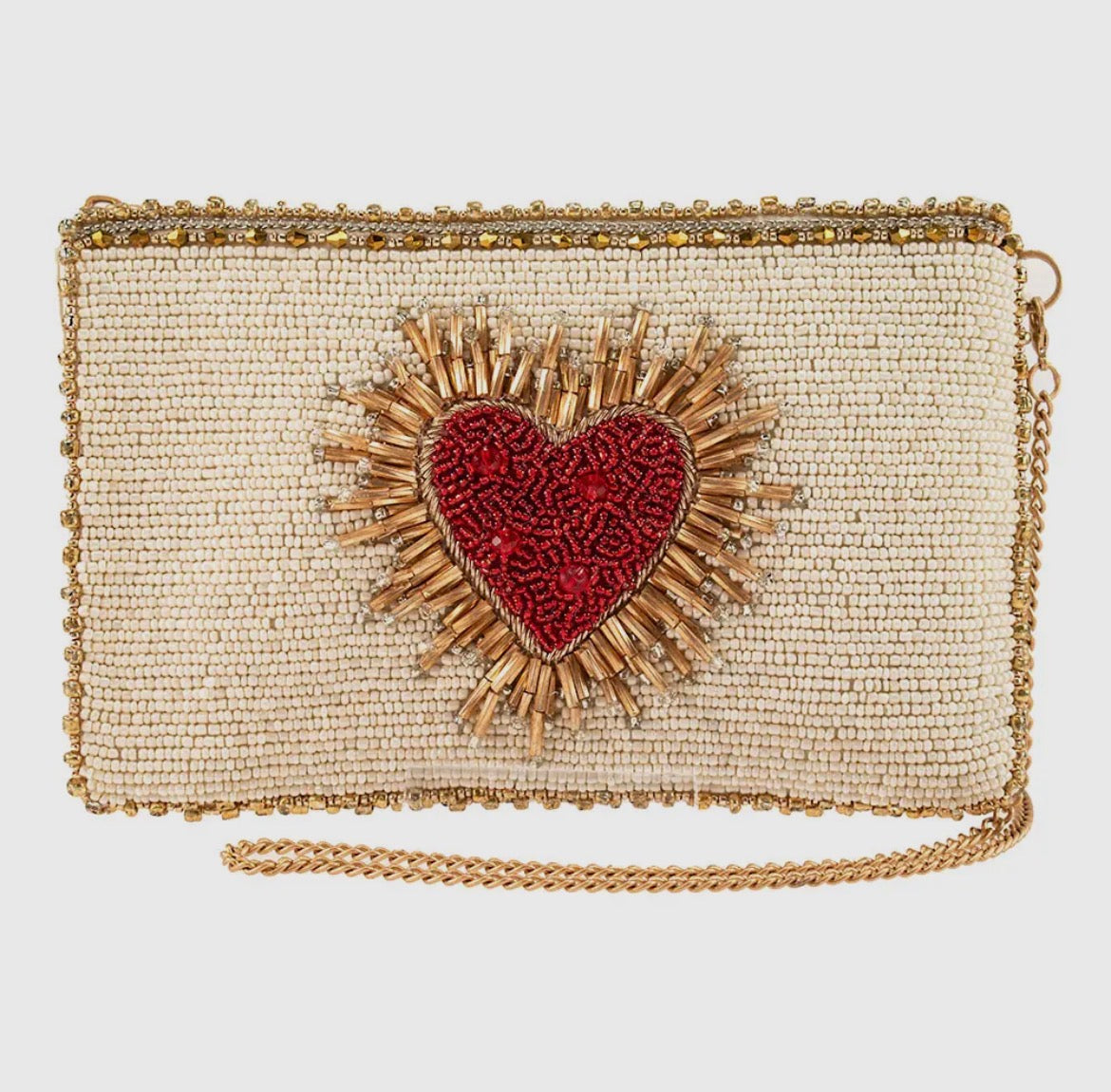 Sacred Heart Beaded Crossbody Phone Bag - Ivory & Gold