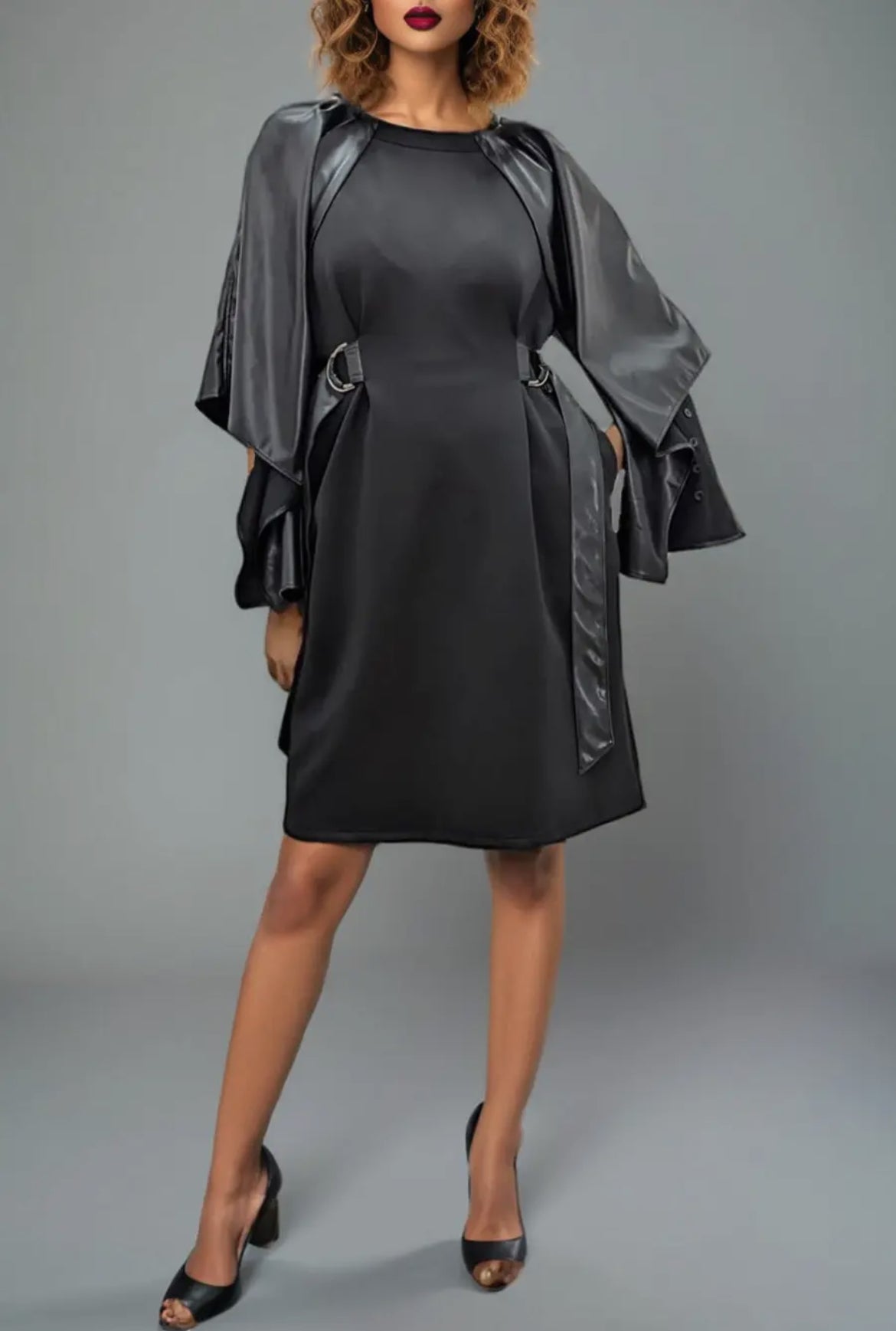 Faux Leather Cape Black Dress