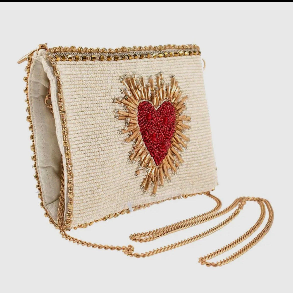 Sacred Heart Beaded Crossbody Phone Bag - Ivory & Gold