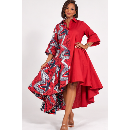 Cotton Fit n Flare, High Low, Swing Dress - red