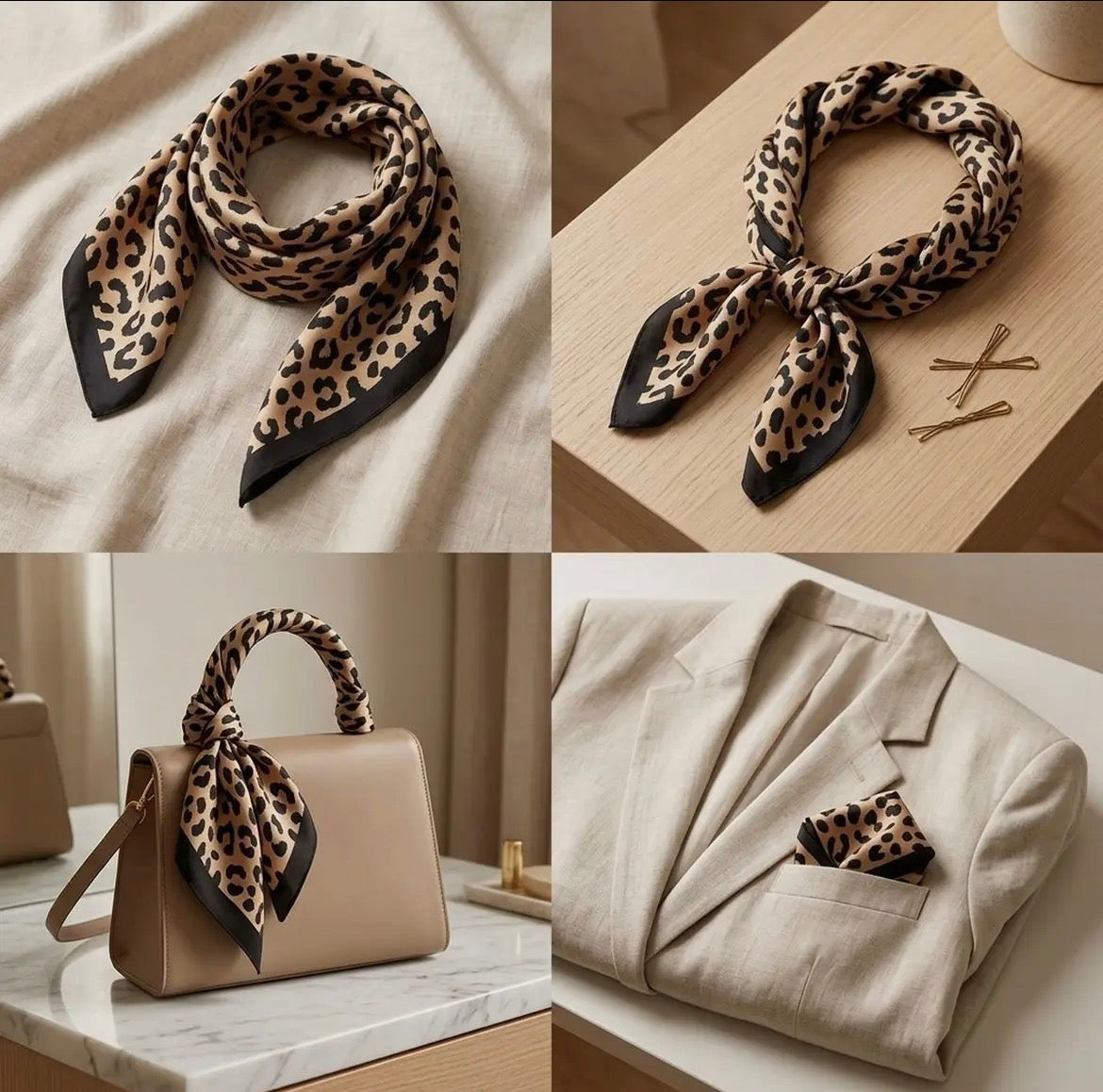 Silky Square Scarf (Set of 3), Leopard