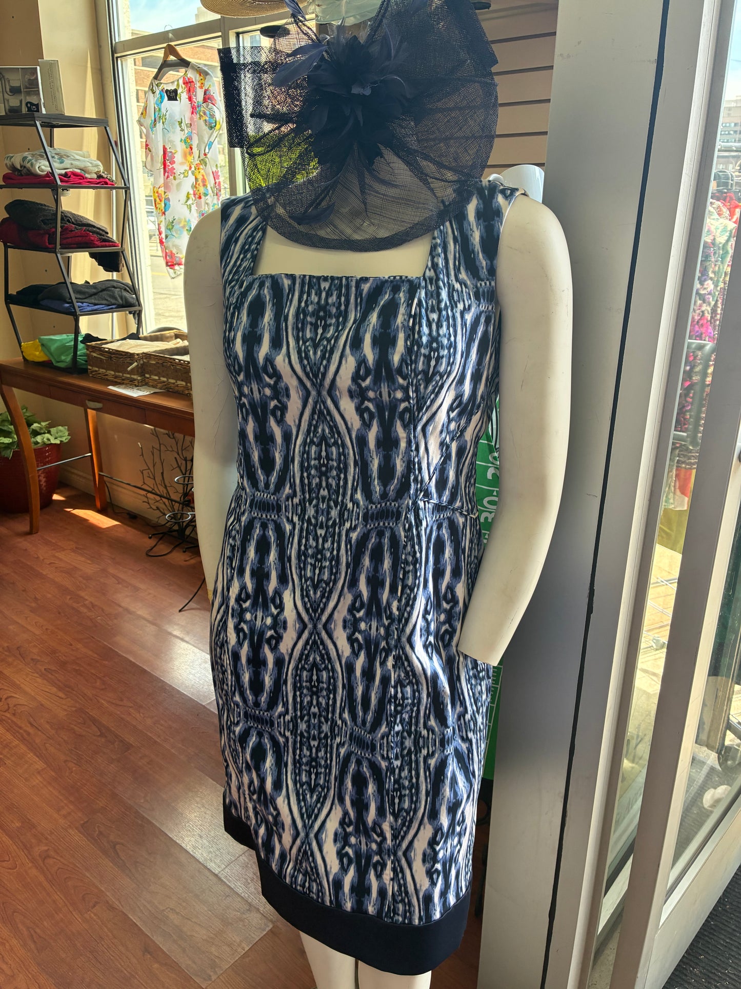 Stretch Cotton Sheath Dress w/satin navy border