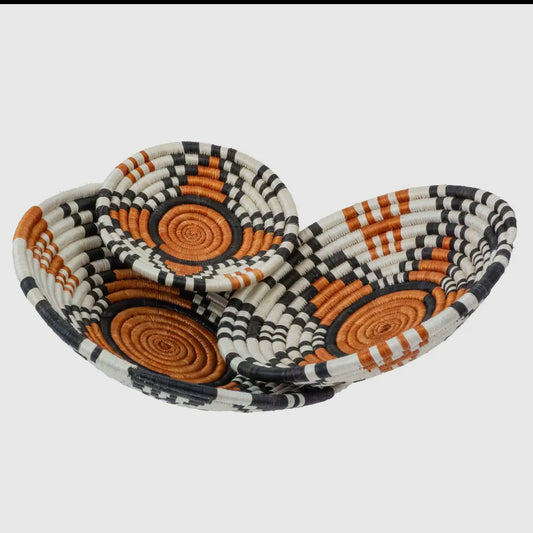 Handwoven Rwandan Sisal Baskets – Set of 3 in Orange/Cream/Black
