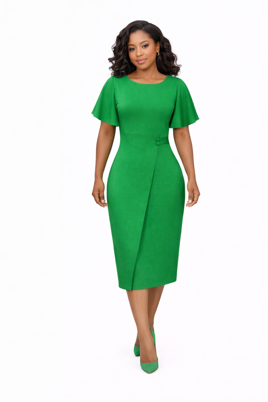 High-waisted dress features ruffle sleeves