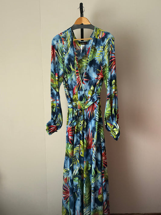 LW1, Tropical Print Blue Wrap Maxi Dress, extPlus