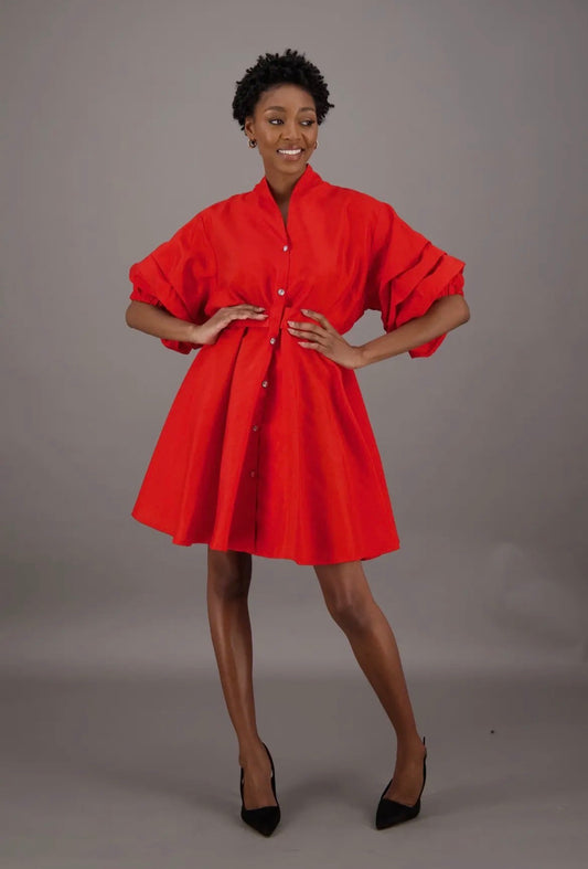Pleated Puff Sleeve, Red Dress