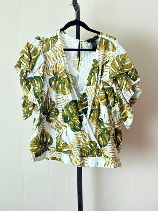 MT3, Cotton Tropical Leaf Wrap Front Blouse - Green/White