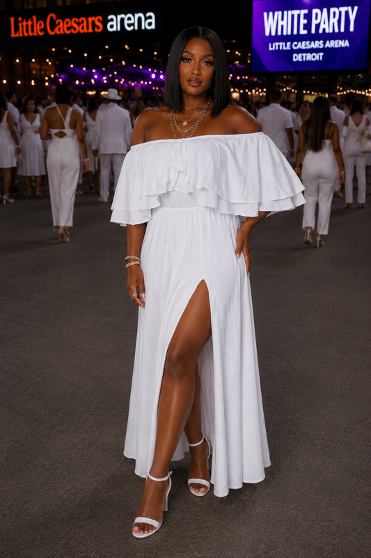 Off the shoulder ruffle cotton maxi dress w/split