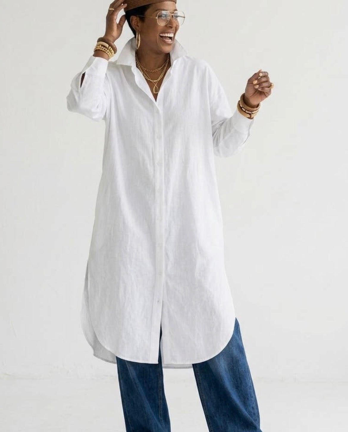 Long Cotton Blend White Shirt/Blouse, NonStretch