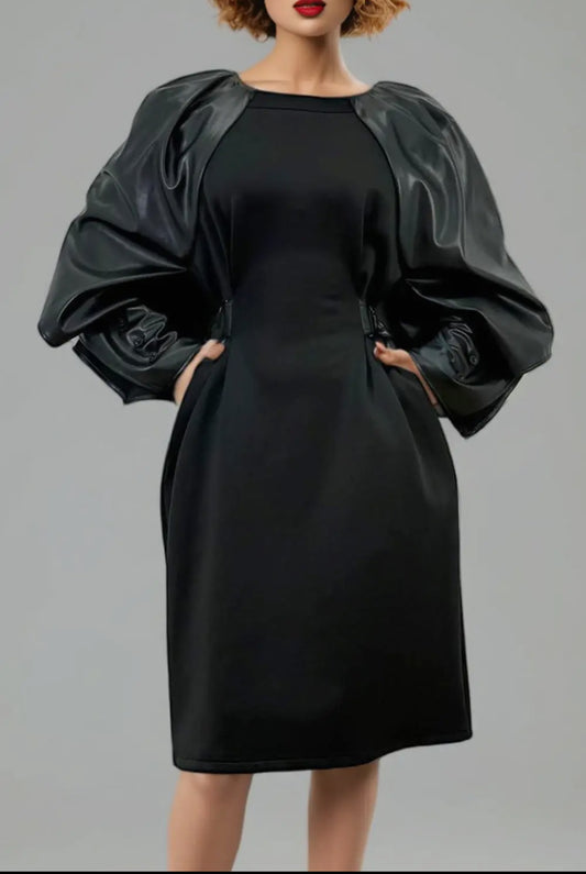 Faux Leather Cape Black Dress