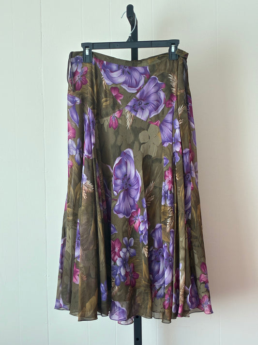 BF4, Floral Midi Skirt in Olive with Purple Blooms