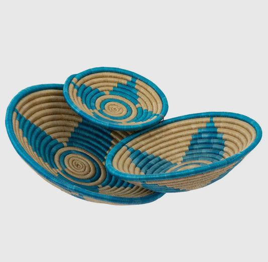 Handwoven Sisal Baskets – Set of 3 in Turquoise/Beige starburst