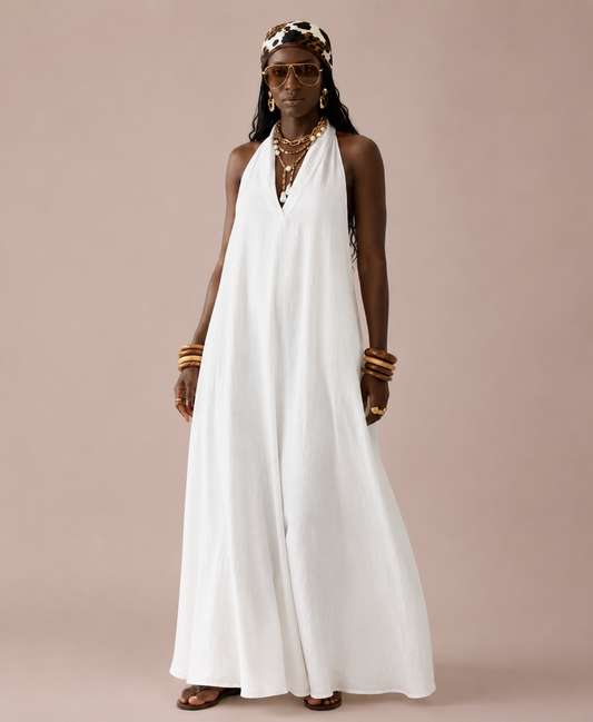 Linen/Cotton Halter Dress w/tie neck, open back