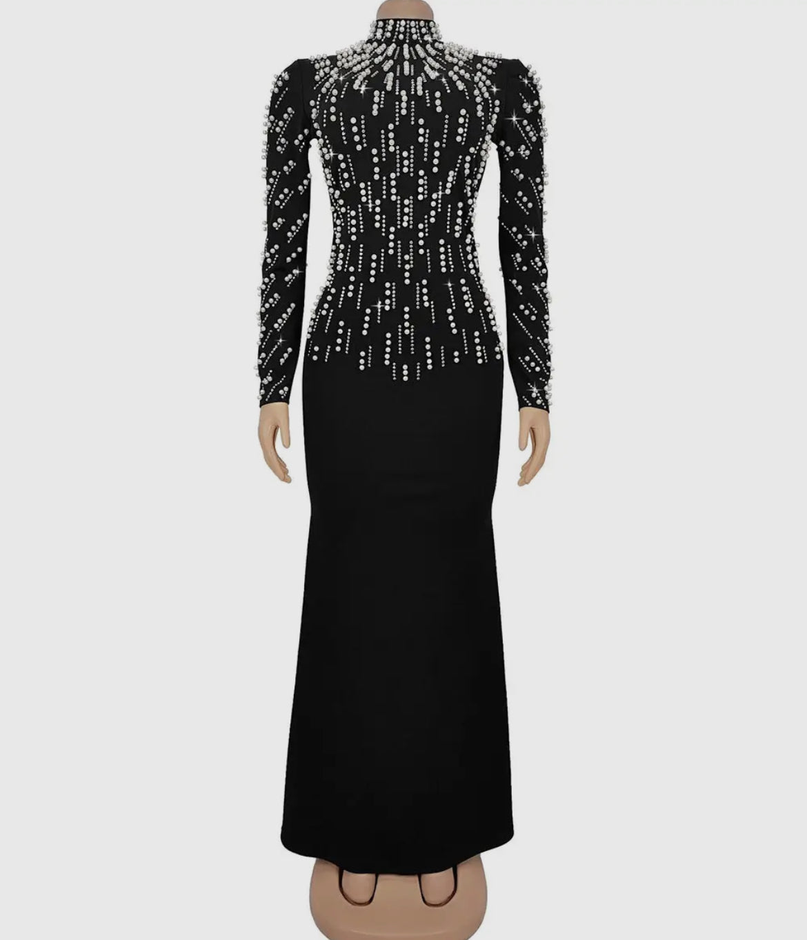 Beaded and Rhinestone Black Dress, white pearl bodice