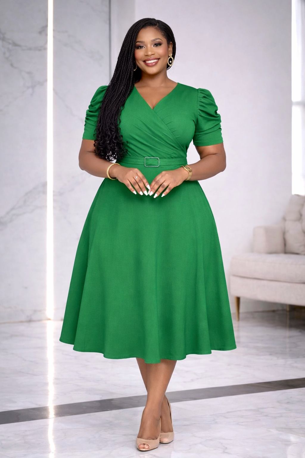 V Neck Ruffle Maxi Dress w/ Belt