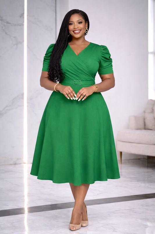 V Neck Ruffle Maxi Dress w/ Belt