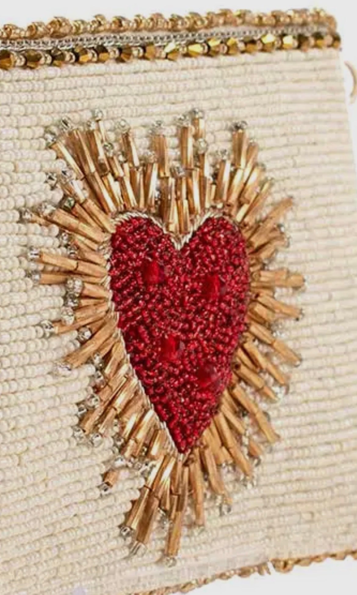 Sacred Heart Beaded Crossbody Phone Bag - Ivory & Gold