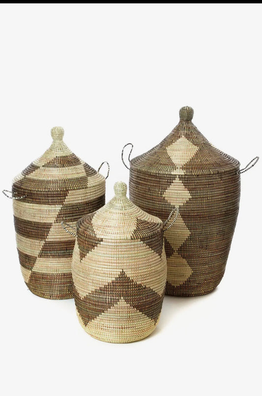 Senegal Hamper Baskets, Black/Beige Mix - set of 3