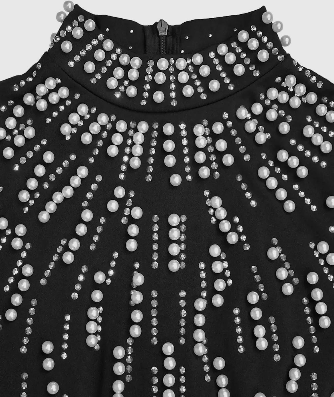 Beaded and Rhinestone Black Dress, white pearl bodice