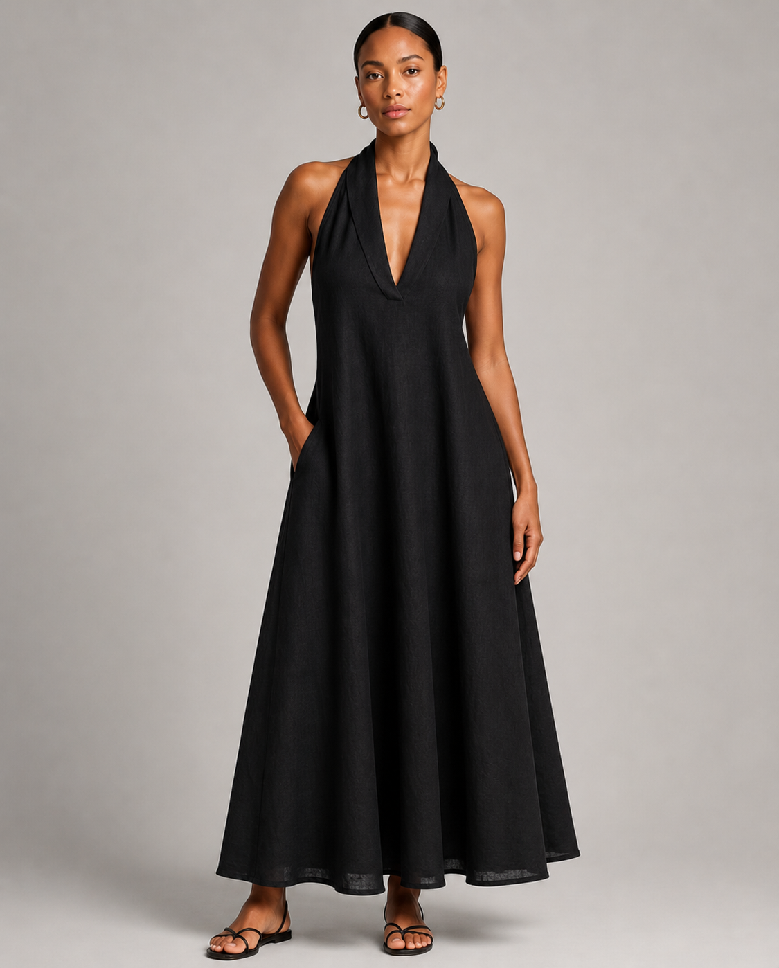 Linen/Cotton Halter Dress w/tie neck, open back