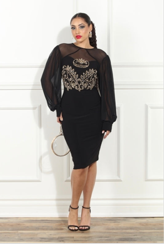 Embellished Mesh Black Dress
