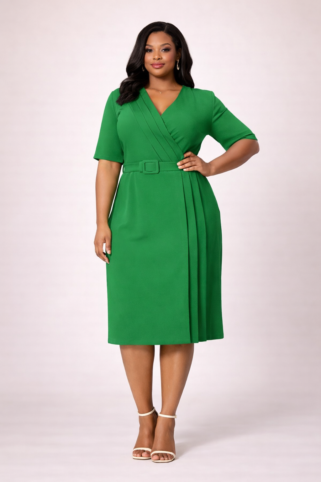 V Neck Pencil Dress w/folds and belt