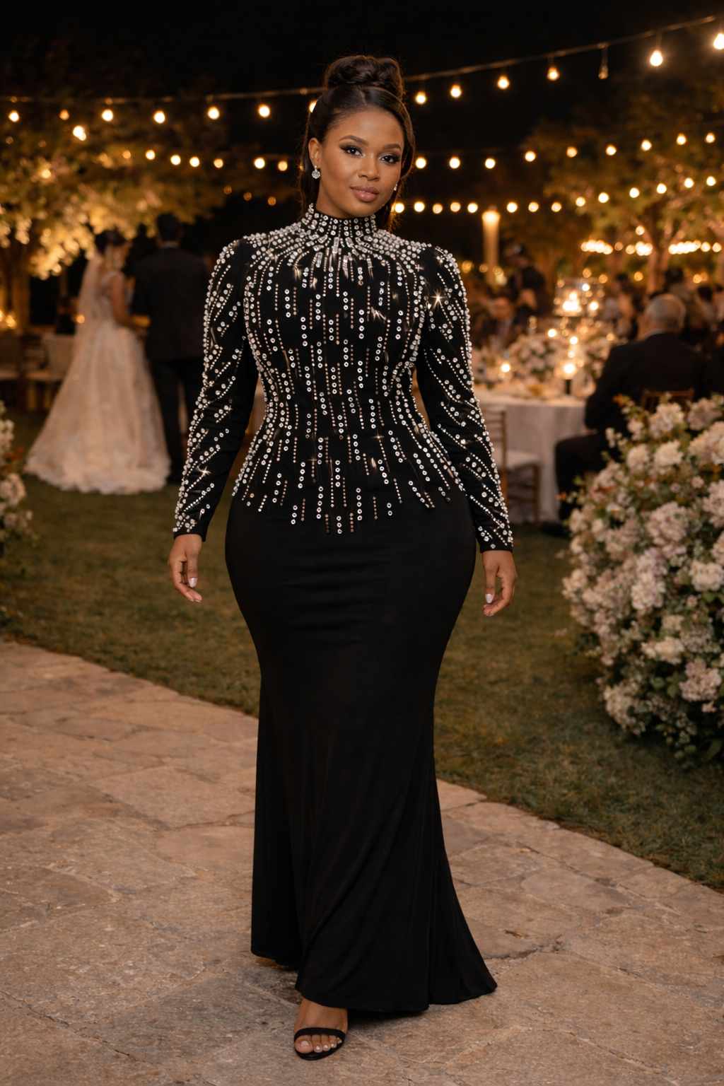 Beaded and Rhinestone Black Dress, white pearl bodice