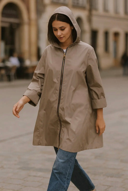 A-Line Cut Waterproof Zipper Jacket w/Hood